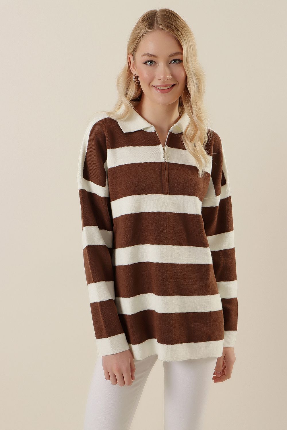 Gestreifter Pullover für Damen - Braun