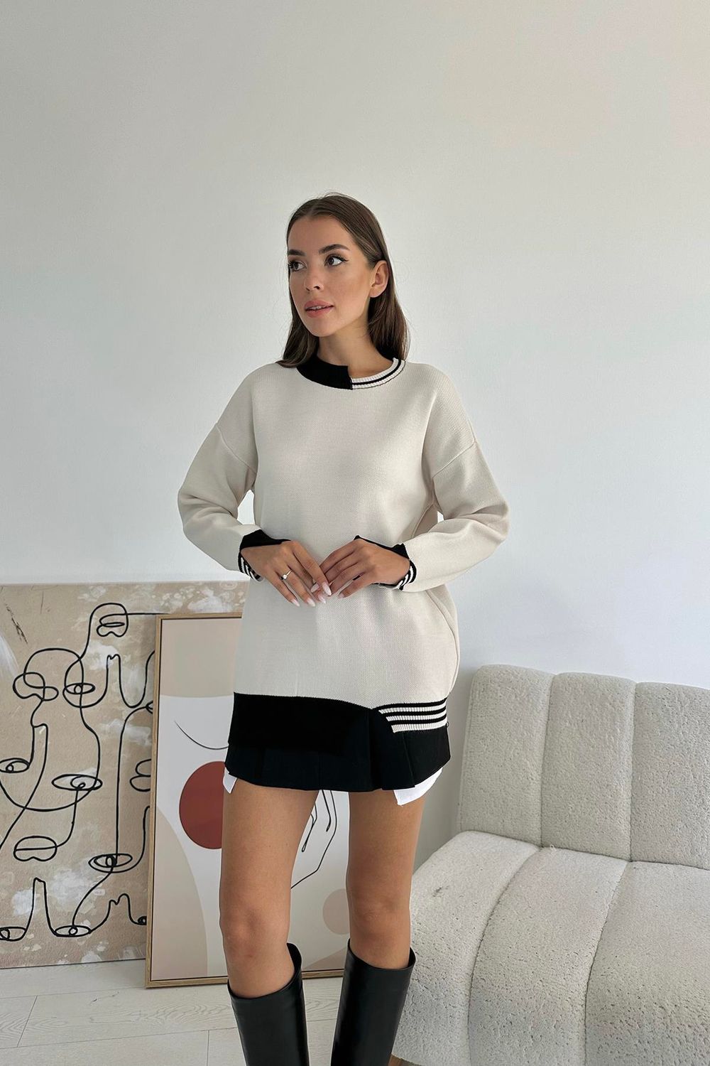 Strickpullover Mit Kragen Und Manschetten - Schwarz