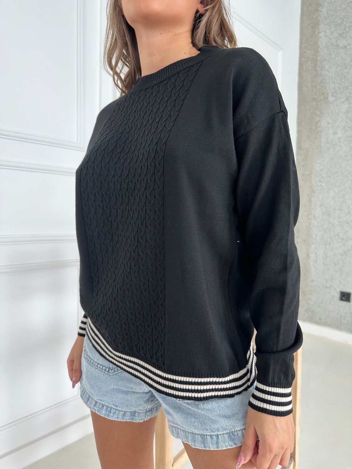 Gestreifter Geflochtener Pullover für Damen