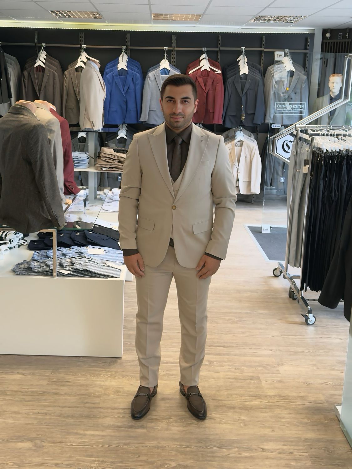 Beigefarbener 3-teiliger Slim Fit Anzug