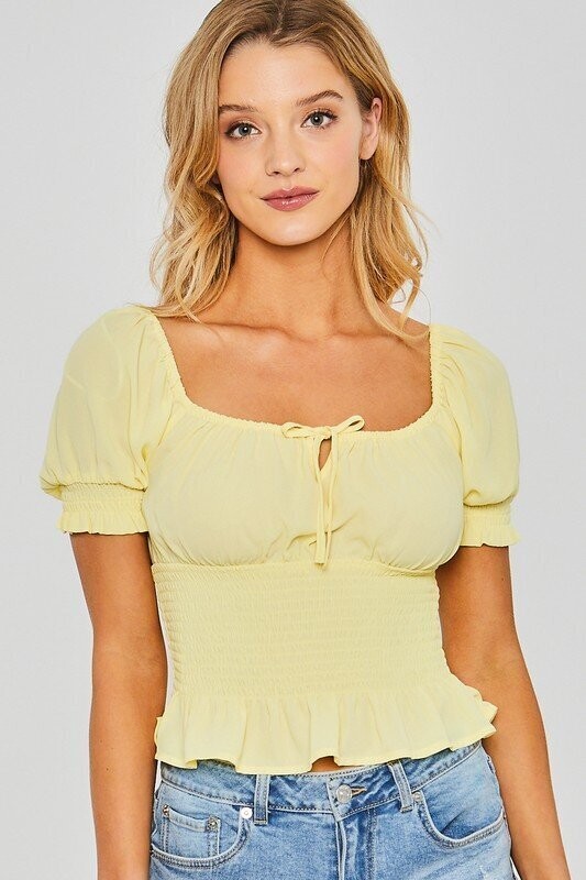 Woven Solid Puff Sleeve Smocked Crop Top