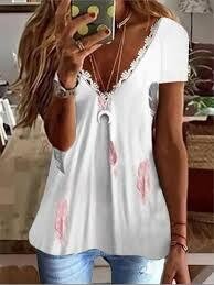 summer explosion independence station floral feather cotton blended lace v-neck short sleeve top t-shirt