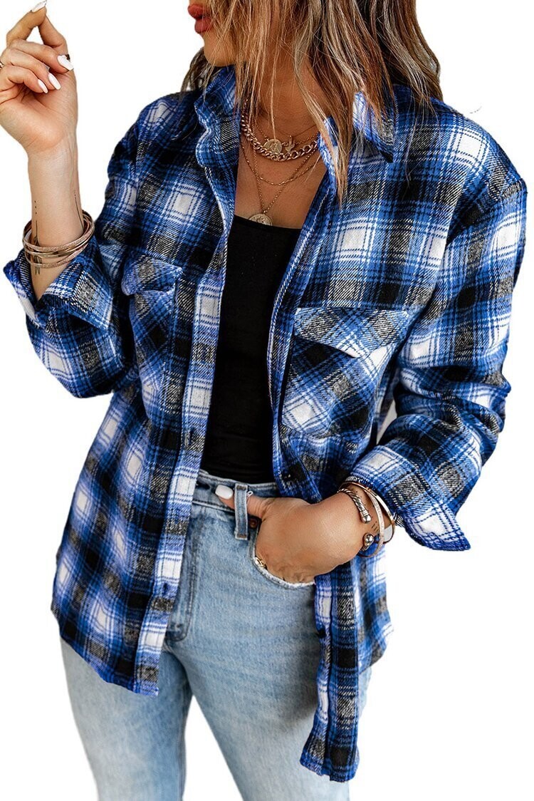 Blue Buttons Pocketed Plaid Shacket