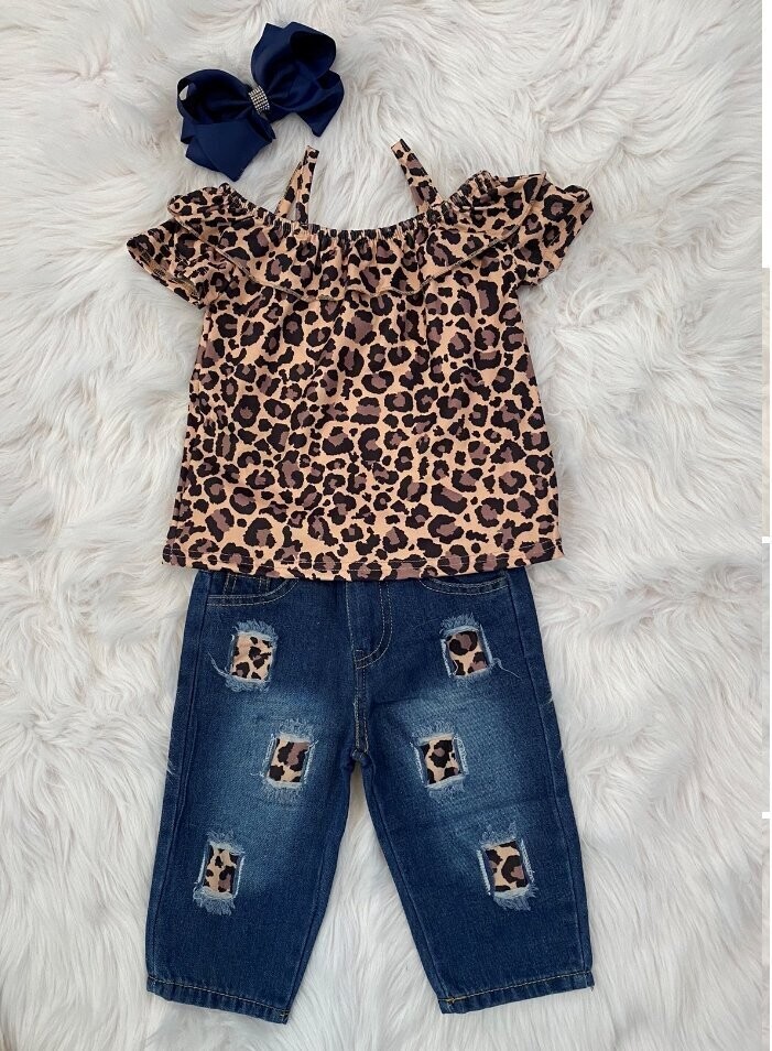 Leopard shoulder jeans set