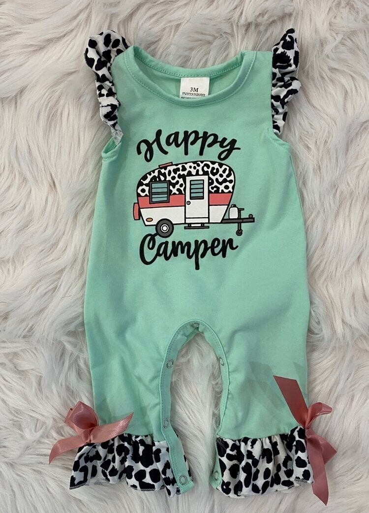 Mint Leopard camper ruffle baby romper