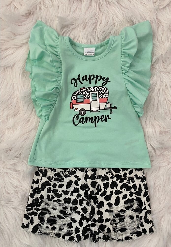 Mint leopard camper ruffle denims shorts set