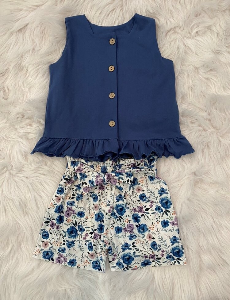 Blue Floral Paperbag Short Set
