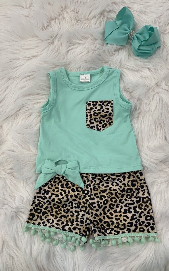 Mint leopard pom pom shorts set