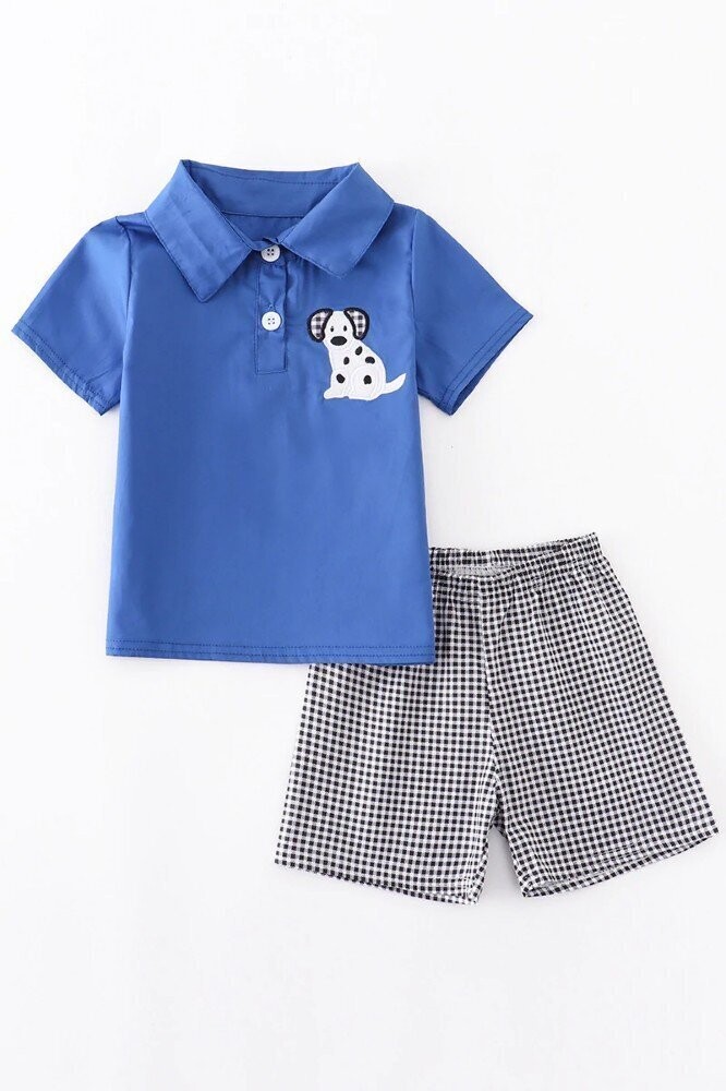 Blue dog embroidery boy set