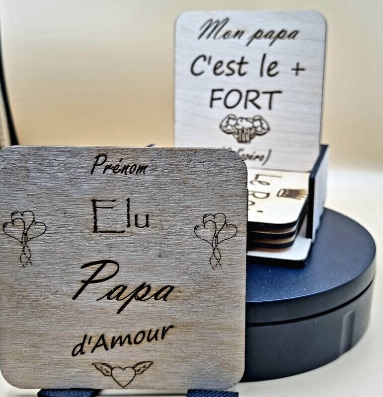 Lot de 6 Dessous de Verre en Bois Personnalisables avec Socle de Rangement