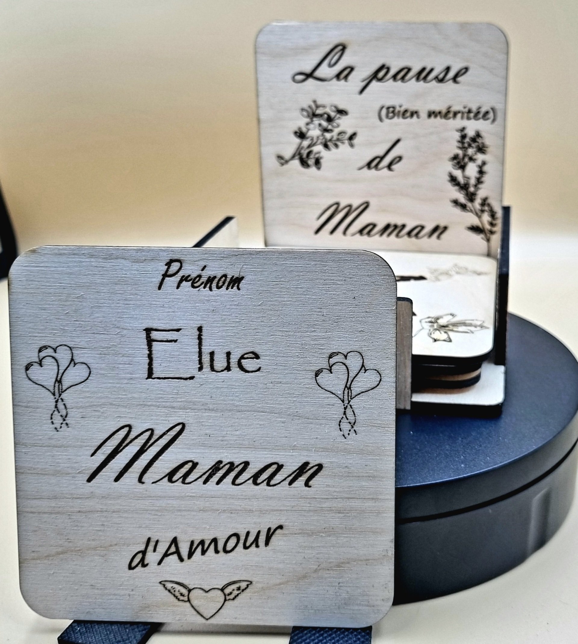 Lot de 6 Dessous de Verre en Bois Personnalisables avec Socle de Rangement