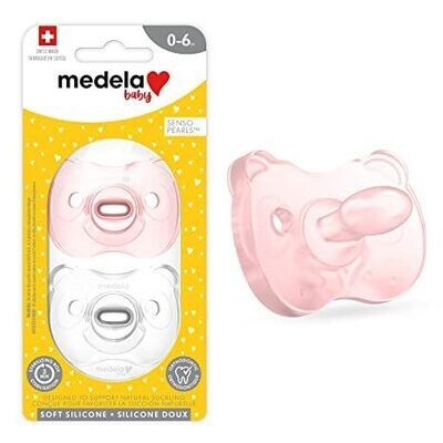 Medela Chupete para bebé de 0 a 6 meses, incluye funda esterilizadora, paquete de 2 unidades, silicona suave, sin BPA, soporta lechón natural, rosa y transparente.