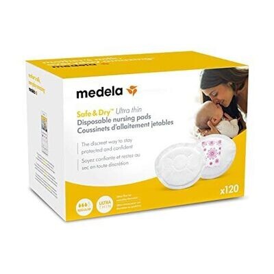 Medela Safe & Dry - Almohadillas de lactancia desechables ultra delgadas, 120 almohadillas para lactancia materna, diseño a prueba de fugas, delgado y contorneado para un ajuste óptimo y discreción.