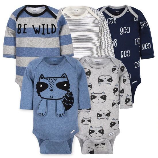 Pack de 5 bodis de manga larga de mapache para bebé niño 0-3M