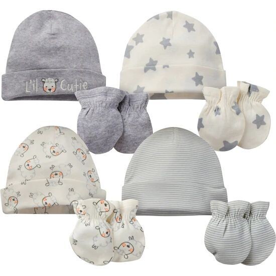 Juego de gorro y manoplas orgánicos de oveja neutral de 8 piezas 0-6M