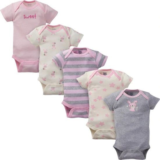 Pack de 5 bodys orgánicos Onesies® de manga corta con conejitos para bebés niñas RECIÉN NACIDO  ORGANICO
