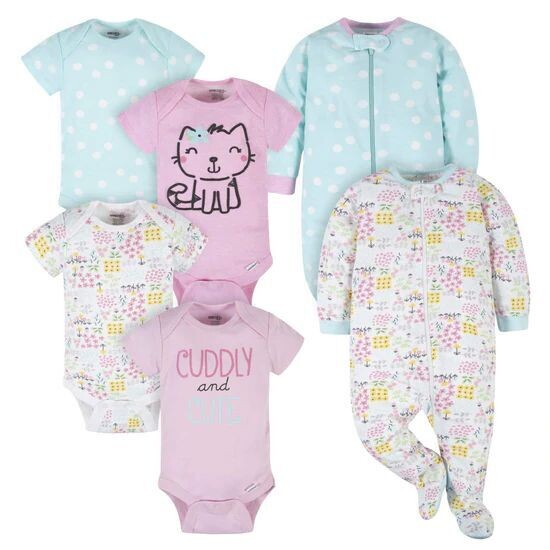 Body de la marca Cuddly & Cat Onesies® para niñas de 6 piezas y juego Sleep N' Play 3-6M