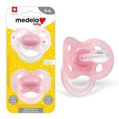 Medela Chupete para bebé de 0 a 6 meses, sin BPA, ligero y ortodóntico, paquete de 2 unidades, rosa y rosa con diseño de cisne y mariposa.