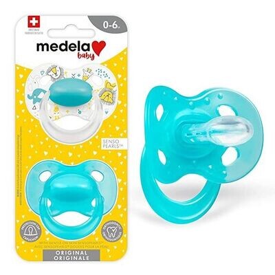 Medela Chupete para bebé de 0 a 6 meses, sin BPA, ligero y ortodóntico, paquete de 2 unidades, azul turquesa y blanco con animales de bebé.