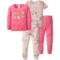 Pijama de algodón ajustado con rosas de 4 piezas para bebés y niñas pequeñas. TALLAS: 12 MESES
