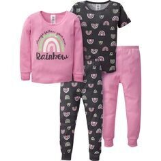 Pijama de algodón de ajuste ceñido arco iris de 4 piezas para bebés y niñas pequeñas. TALLAS: 12 MESES