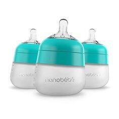 Nanobébé Flexy - Botella de silicona para bebé, anticólico, sensación natural, pezón que no se pliega, base estable sin puntas, fácil de limpiar, paquete de 3, verde azulado, 5 onzas.