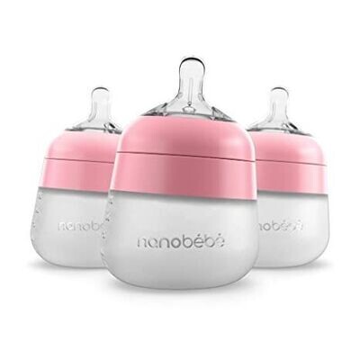 Nanobébé - Biberón de silicona flexible para bebé, anticólico, sensación natural, pezón que no se pliega, base estable sin puntas, fácil de limpiar, paquete de 3, rosa, 5 onzas.