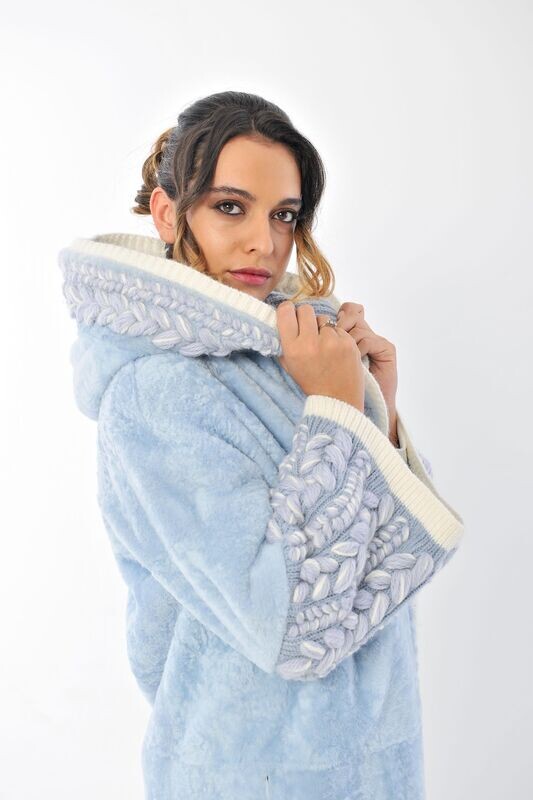 Reversible Embroidered Shearling Jacket - Sky Blue and Cream