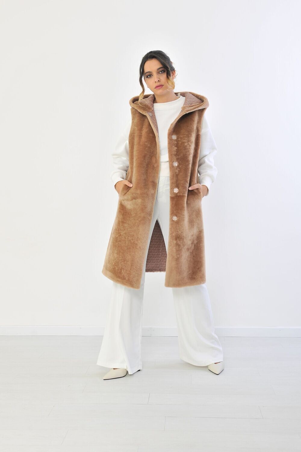 Gilet  in montone shearling reversibile - Camel