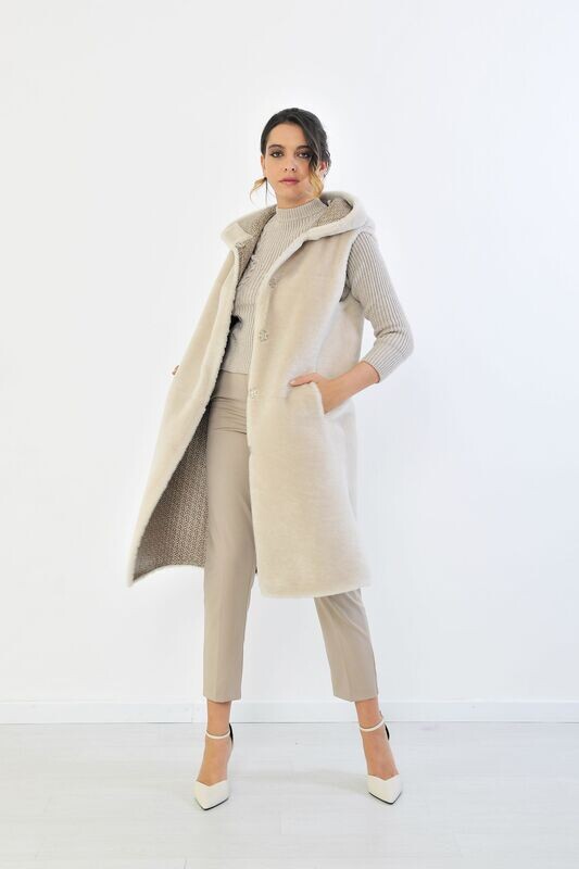 Reversible Shearling Gilet with Hood - Cream