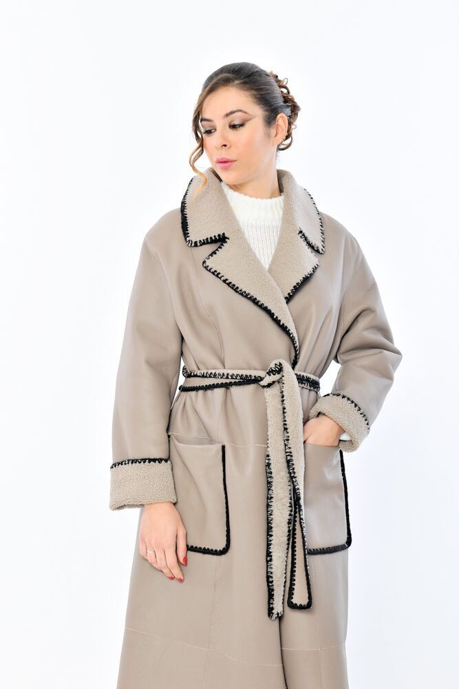 Long Shearling Coat - Taupe