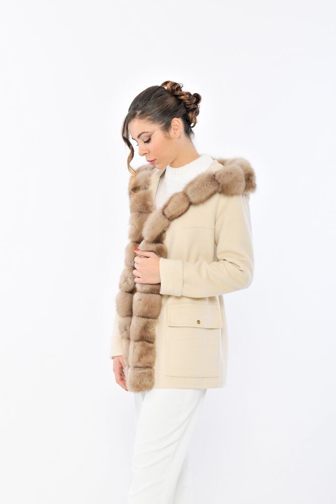 Cashmere Parka with Taupe Russian Sable Trim - Ecru