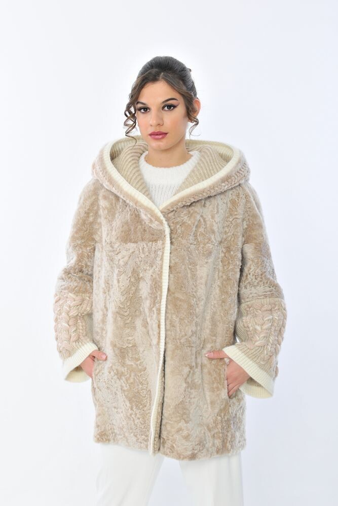 Reversible Shearling Jacket with Embroidery - Camel and Cream