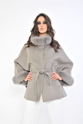 Light Taupe Fabric Cape with Fox Collar and Cuffs