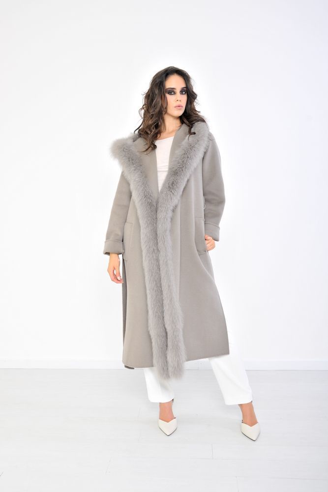 Light Taupe Fabric Coat with Hood and Fox Trim