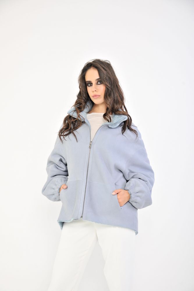 Gathered Sleeve Shearling Jacket - Sky Blue