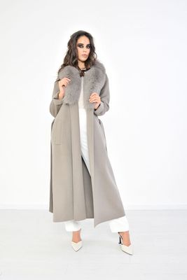 Taupe Fabric Coat with Fox Shawl Collar