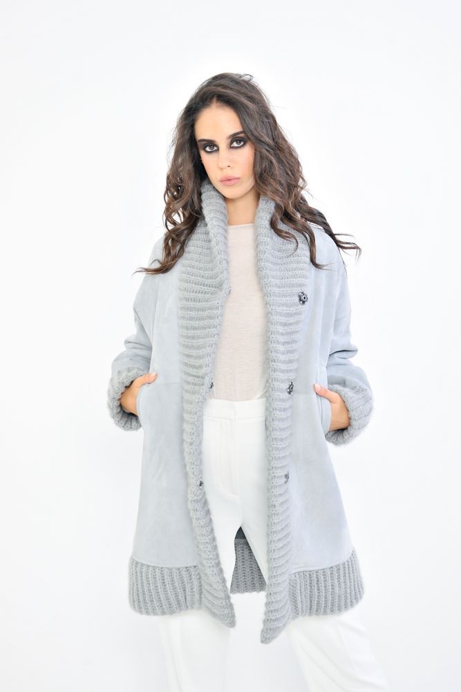 Giaccone in Shearling con dettagli in maglia - Cielo
