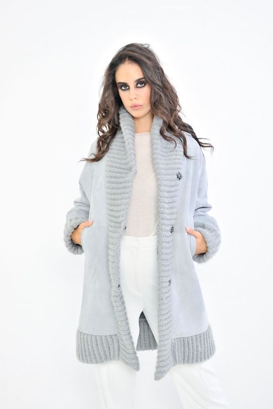 Giaccone in Shearling con dettagli in maglia - Cielo