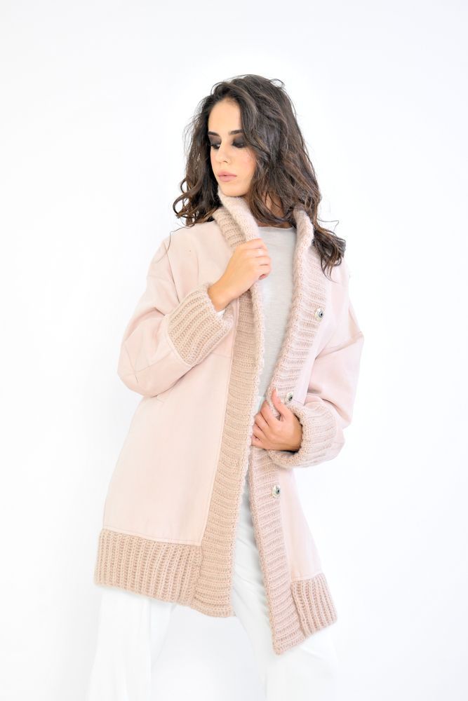 Shearling Coat with Knitted Details - Blush Pink