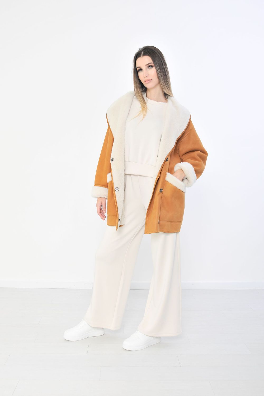 Giacca montone shearling cognac interno bianco