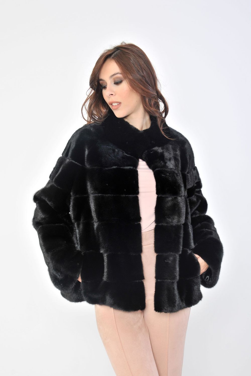 Black mink jacket with horizontal stitching