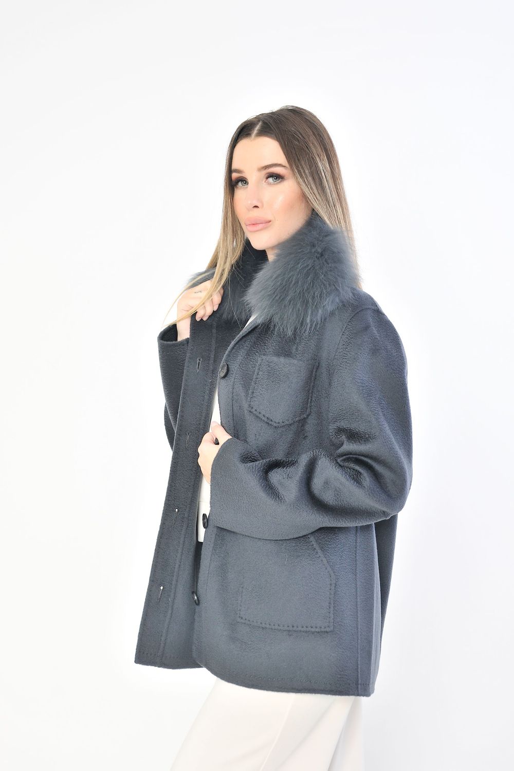 Anthracite jacket with detachable fox fur collar