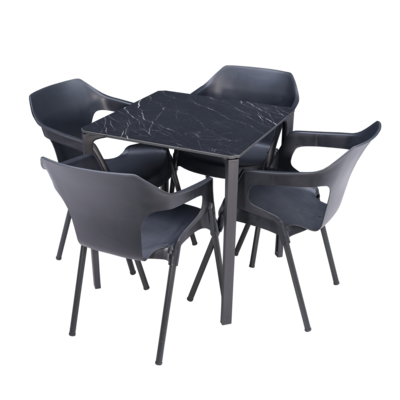 10 X CONJUNTO SG22
Compuesto por 40 sillas Mónaco antracita y 10 mesa horeca, tablero mármol negro 70X70.