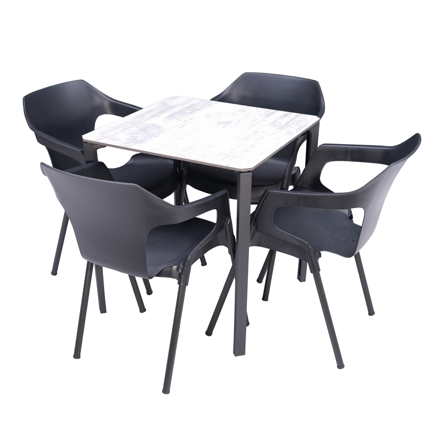 10 X CONJUNTO REF-22
Compuesto por 40 sillas Mónaco antracita y 10 mesa horeca, tablero madera lavada blanco 70X70.