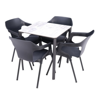 10 X CONJUNTO REF-22
Compuesto por 40 sillas Mónaco antracita y 10 mesa horeca, tablero madera lavada blanco 70X70.