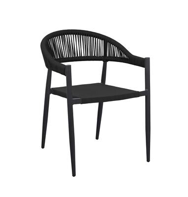 Silla con brazos IKO. Aluminio antracita, apilable, respaldo en cuerda sintética negra y asiento textilene negro.
