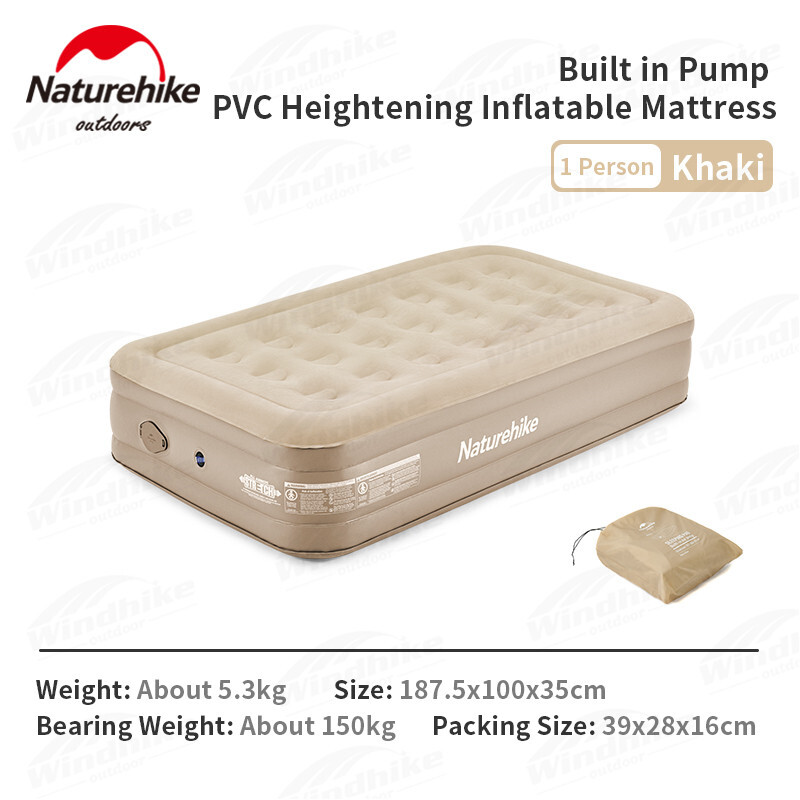 Naturehike Inflatable Heightened Mattress With Air Pump, SIZE: Single, COLOR: Khaki