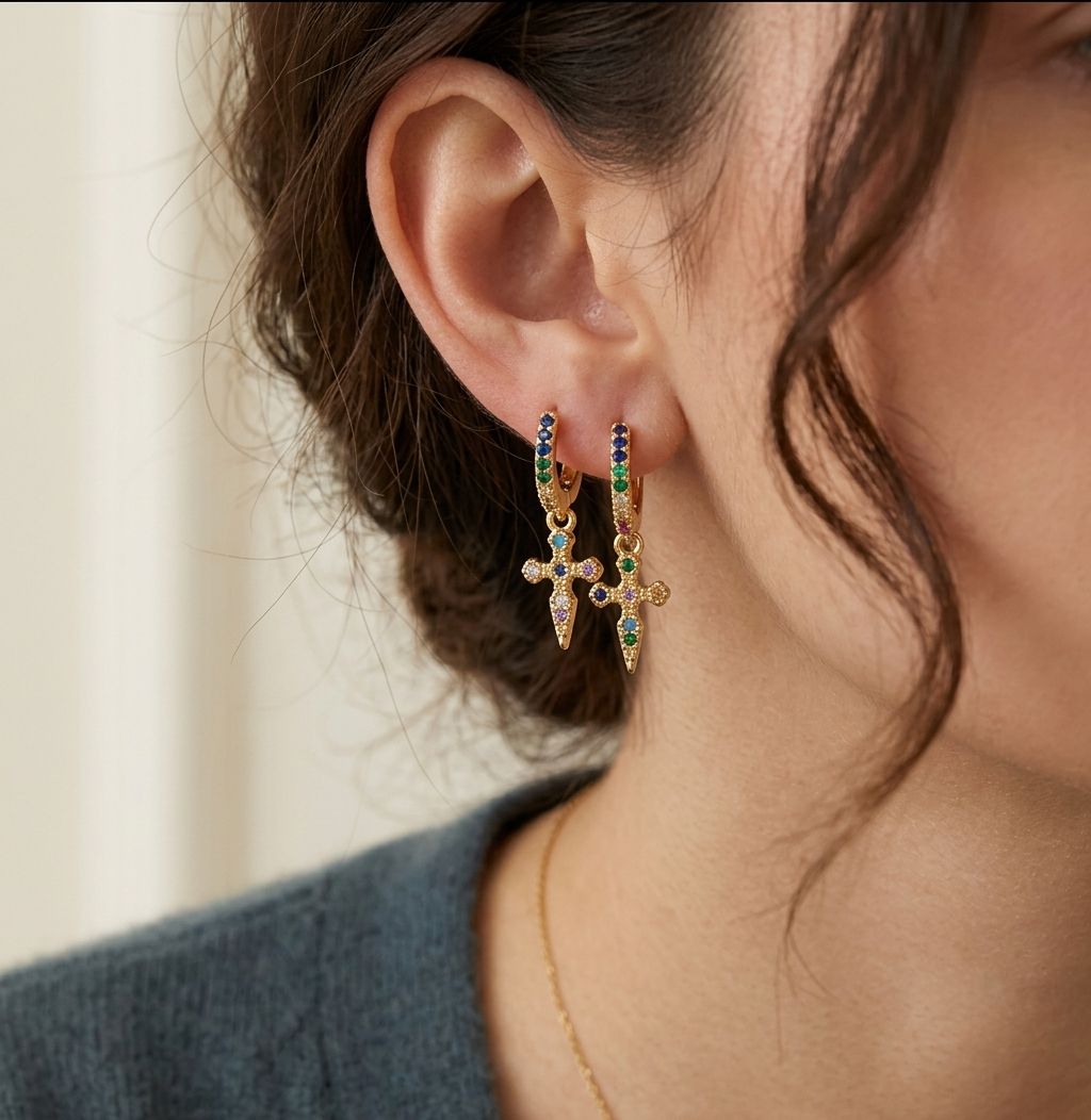 "Small Cross" Gold plated Hoops