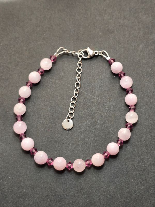 Bracelet créations : kunzite 6mm, cristal de bohême 4mm ( 16cm + extension 5cm)